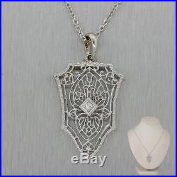 1930's Antique Art Deco 14k White Gold 0.03ct Diamond Filigree 18 Necklace