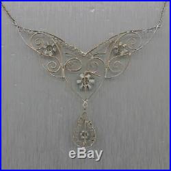 1930's Antique Art Deco 14k White Gold 0.40ctw Diamond Filigree 15 Necklace