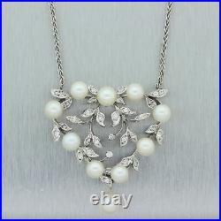 1930's Antique Art Deco 14k White Gold 1ctw Diamond & Pearl 20 Necklace