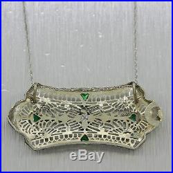 1930's Antique Art Deco 14k White Gold Diamond & Emerald Filigree 18 Necklace