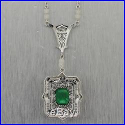1930's Antique Art Deco 14k White Gold Synthetic Emerald Filigree 16 Necklace