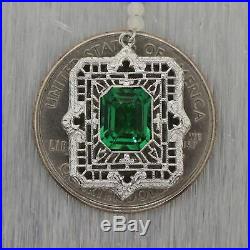 1930's Antique Art Deco 14k White Gold Synthetic Emerald Filigree 16 Necklace