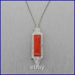 1930's Antique Art Deco Platinum Red Coral & 0.25ctw Diamond 18 Necklace