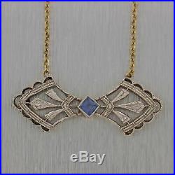 1930's Antique Art Deco Platinum Sapphire Pendant Chain Necklace