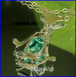 1930s ART DECO LAVALIER Necklace 3.8ct TEAL Green TOURMALINE Sterling 16 FAB