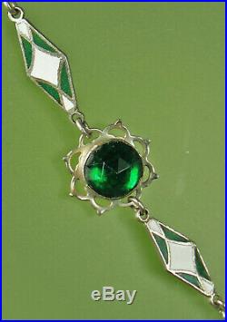 1930s ART DECO Necklace CHAMPLEVÉ ENAMEL Emerald Paste CRESCENT MOONS 17.5 Fab