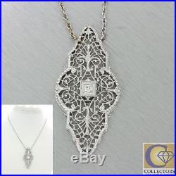 1930s Antique Art Deco 14k Solid White Gold Diamond Filigree Pendant Necklace