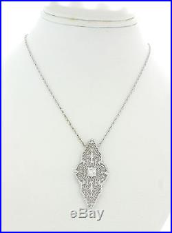 1930s Antique Art Deco 14k Solid White Gold Diamond Filigree Pendant Necklace