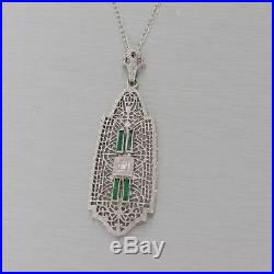 1930s Antique Art Deco 14k White Gold Filigree Diamond Emerald Pendant Necklace