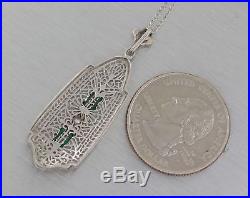 1930s Antique Art Deco 14k White Gold Filigree Diamond Emerald Pendant Necklace