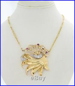 1930s Antique Art Deco 18k Yellow Gold 1.30ctw Ruby Diamond Pendant Necklace Y8