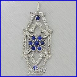 1930s Antique Art Deco Platinum 1.15ctw Diamond. 65ctw Sapphire Necklace Pendant
