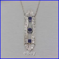 1930s Antique Art Deco Platinum 3ctw Sapphire Diamond Pendant Chain Necklace G8