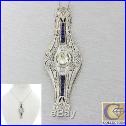 1930s Antique Art Deco Solid Platinum 1.44ctw Diamond Sapphire Pendant Necklace