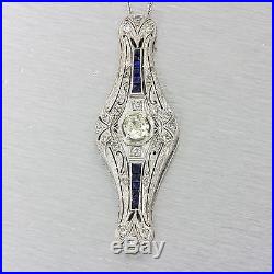 1930s Antique Art Deco Solid Platinum 1.44ctw Diamond Sapphire Pendant Necklace