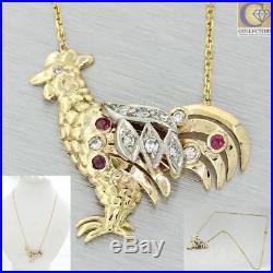 1930s Art Deco 14k Yellow Gold Year of the Rooster Diamond Ruby Pendant Necklace