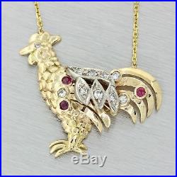 1930s Art Deco 14k Yellow Gold Year of the Rooster Diamond Ruby Pendant Necklace