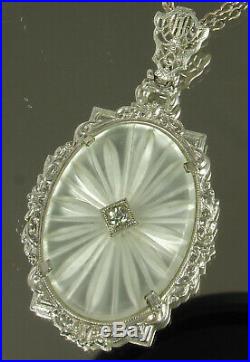 1930s Art Deco CAMPHOR GLASS Necklace SUNRAY CRYSTAL 15 Chain STERLING Silver