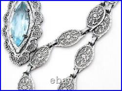 1930s Art Deco Filigree Necklace Vintage Rhodium Plated Blue