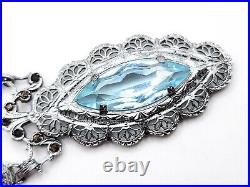 1930s Art Deco Filigree Necklace Vintage Rhodium Plated Blue