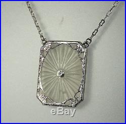 1930s Art Deco RHODIUM CAMPHOR GLASS Sunray Crystal NecklacePAPERCLIP Chain