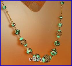 1930s CZECH PEKING GLASS Necklace ART DECO 16.5 Signed GOLD DRIZZLED Beads FAB