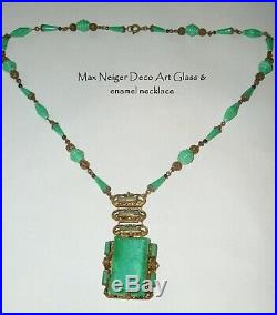 1930s MAX NEIGER Art Deco Green Art Glass, Enamel & Brass Filigree Necklace