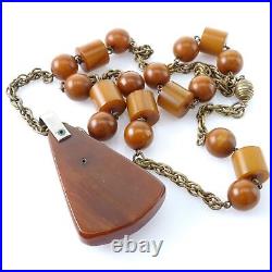 1940's Period Art Deco Butterscotch Bakelite Necklace and Brass Mixed Metal Pend