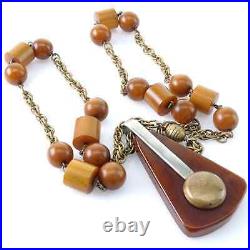 1940's Period Art Deco Butterscotch Bakelite Necklace and Brass Mixed Metal Pend