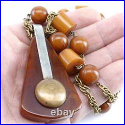 1940's Period Art Deco Butterscotch Bakelite Necklace and Brass Mixed Metal Pend