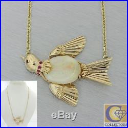 1940s Antique Art Deco Vintage Estate 14k Gold Opal Bird Pendant Chain Necklace
