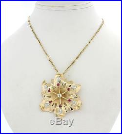 1940s Vintage Art Deco Style 14k Gold. 90ctw Ruby Diamond Pendant Necklace