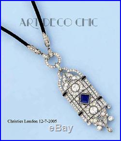 20s Art Deco Fishel Nessler Sterling Sapphire & Diamante Paste Pendant Necklace