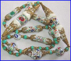27 Rare Antique Vintage Art Deco Czech Millefiori Glass Beads Filigree Necklace