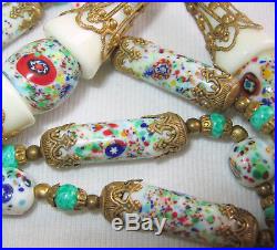 27 Rare Antique Vintage Art Deco Czech Millefiori Glass Beads Filigree Necklace