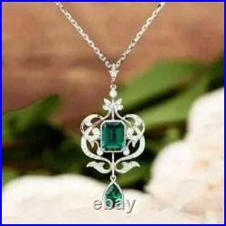 3.50Ct Lab Created Emerald Vintage Art Deco Pendant 14K White Gold Plated Silver
