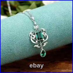 3.50Ct Lab Created Emerald Vintage Art Deco Pendant 14K White Gold Plated Silver