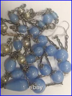 3 Art Deco Czech Blue Satin Swirl Glass Lavalier Silver Tone Necklaces Earrings