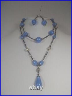 3 Art Deco Czech Blue Satin Swirl Glass Lavalier Silver Tone Necklaces Earrings