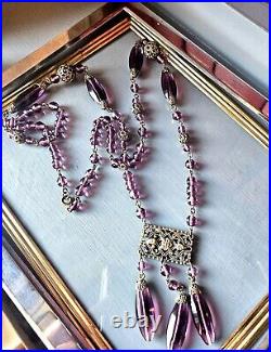 32 Vintage Extra LONG ART DECO Purple Czech Glass Lavalier STATEMENT NECKLACE