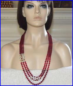 32 Vintage Nolan Miller 3-Strand Ruby Glass Art Deco Swarovski Crystal Necklace