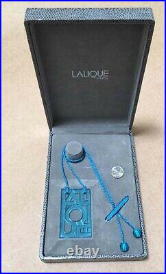 $395 LALIQUE Logo Art Deco Font Letter Aquamarine Crystal Pendant Necklace NIB