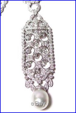 4.95 TCW Art Deco Natural Pearl & Diamond Drop Pendant Necklace 14k White Gold