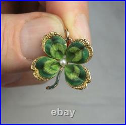 4 Leaf Clover Enamel Pendant Flower Necklace 14K Gold Victorian Art Deco c1900