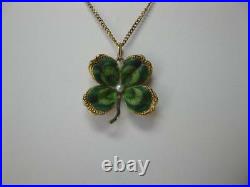 4 Leaf Clover Enamel Pendant Flower Necklace 14K Gold Victorian Art Deco c1900