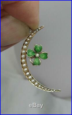 4 Leaf Clover Moon Enamel Pendant Charm Flower Necklace 14K Victorian Art Deco