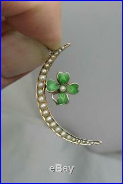 4 Leaf Clover Moon Enamel Pendant Charm Flower Necklace 14K Victorian Art Deco