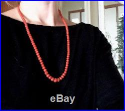 40g! RED NO DYE LONG natural round coral beads Antique Art Deco necklace