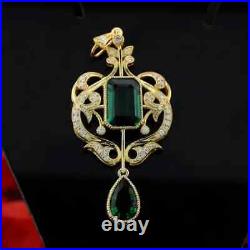 4Ct Emerald Lab Created Emerald Vintage Art Deco Pendant 14K Yellow Gold Plated