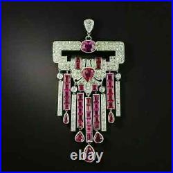 4Ct Pear Cut Lab Created Red Ruby Art Deco Pendant 14K White Gold Plated Silver